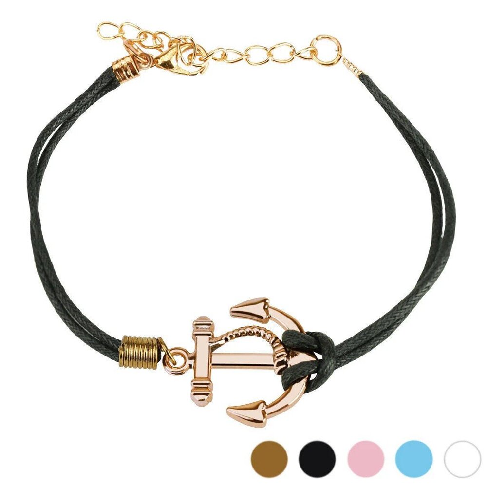 BEAUTIFUL ADJUSTABLE CAST IRON SMALL ROSE GOLD ANCHOR LEATHER BRACELET - 7 INCH